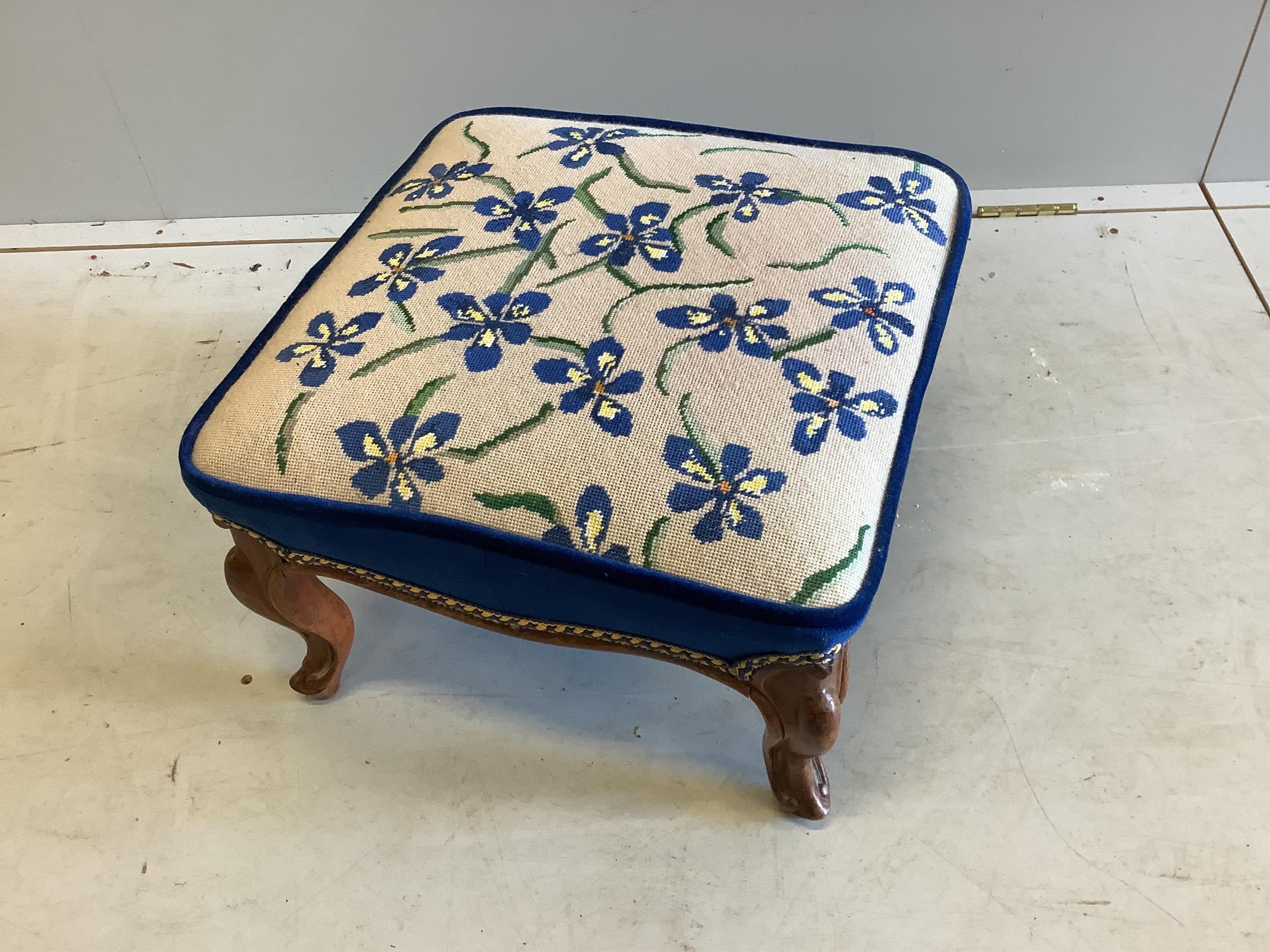 A Victorian mahogany tapestry upholstered stool, on short cabriole legs, width 46cm, depth 44cm, height 29cm. Condition - fair